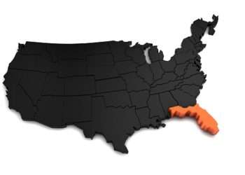 United States of America, 3d black map, with Florida state highlighted in orange. 3d render