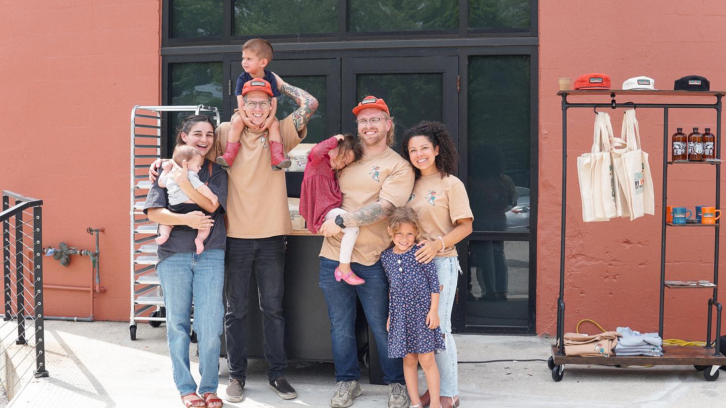 Caleben MacPherson and Hunter Keslar and their familes at Take Two Coffee