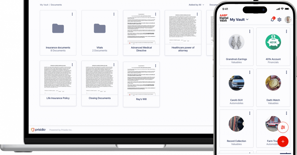 The AARP Digital Vault — powered by Naples-based Prisidio — allows users to securely store and organize important documents, valuables and financial information through both web and mobile platforms. Credit: Prisidio