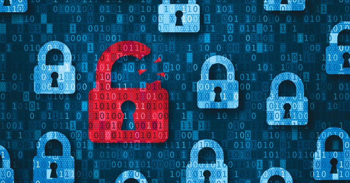 Security breach, system hacked alert with red broken padlock icon showing unsecure data under cyberattack, vulnerable access, compromised password, virus infection, internet network with binary code