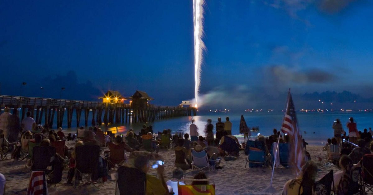 4th of July fireworks on the beach at Naples, Florida.