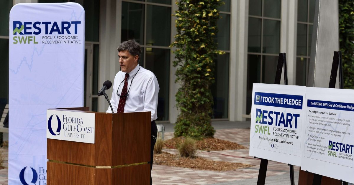 Florida Gulf Coast University’s Chris Westley, dean of the Lutgert College of Business, announces RESTART SWFL, FGCU’s Economic Recovery Initiative. Courtesy of FGCU